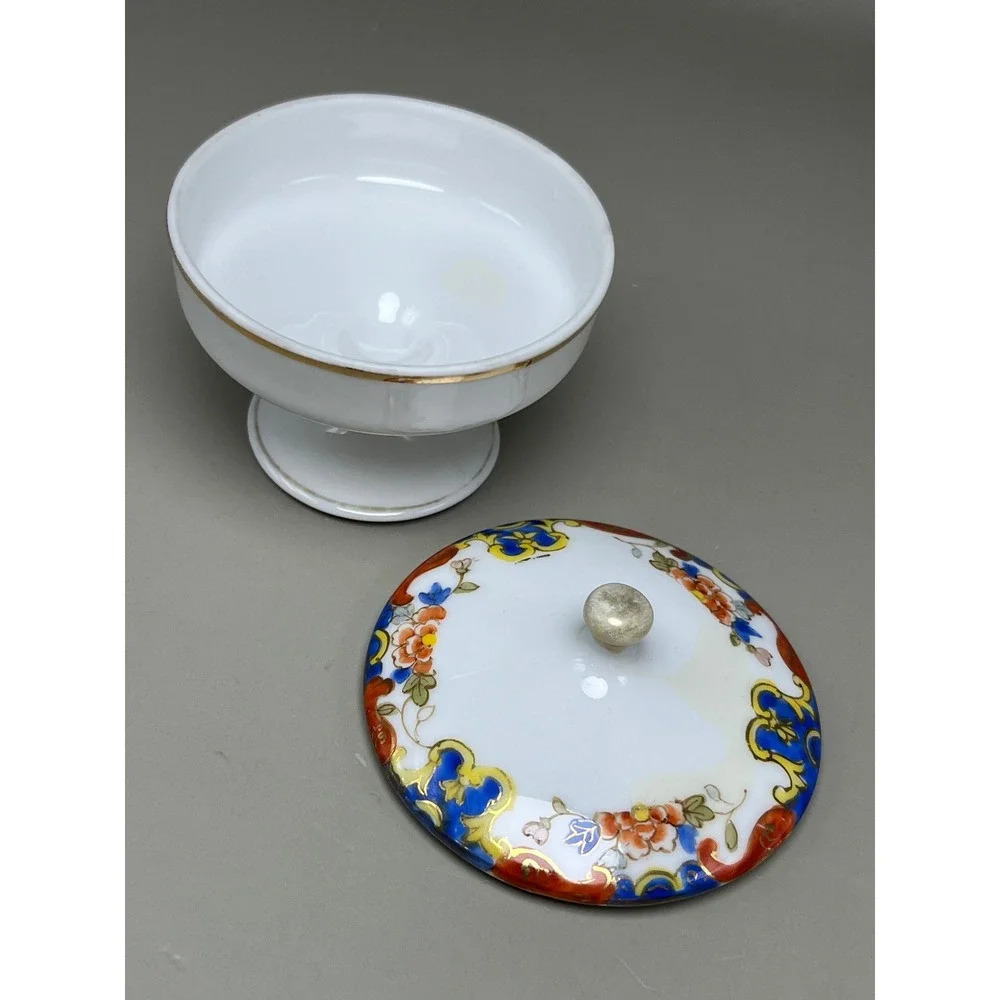 Antique Nippon Hand Painted Porcelain Lidded Pedestal Trinket Dish Floral 2.75